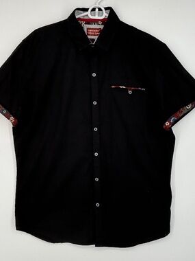 Consequence Mens Large Button Front Shirt Black 100% Cotton Floral Contrast Trim